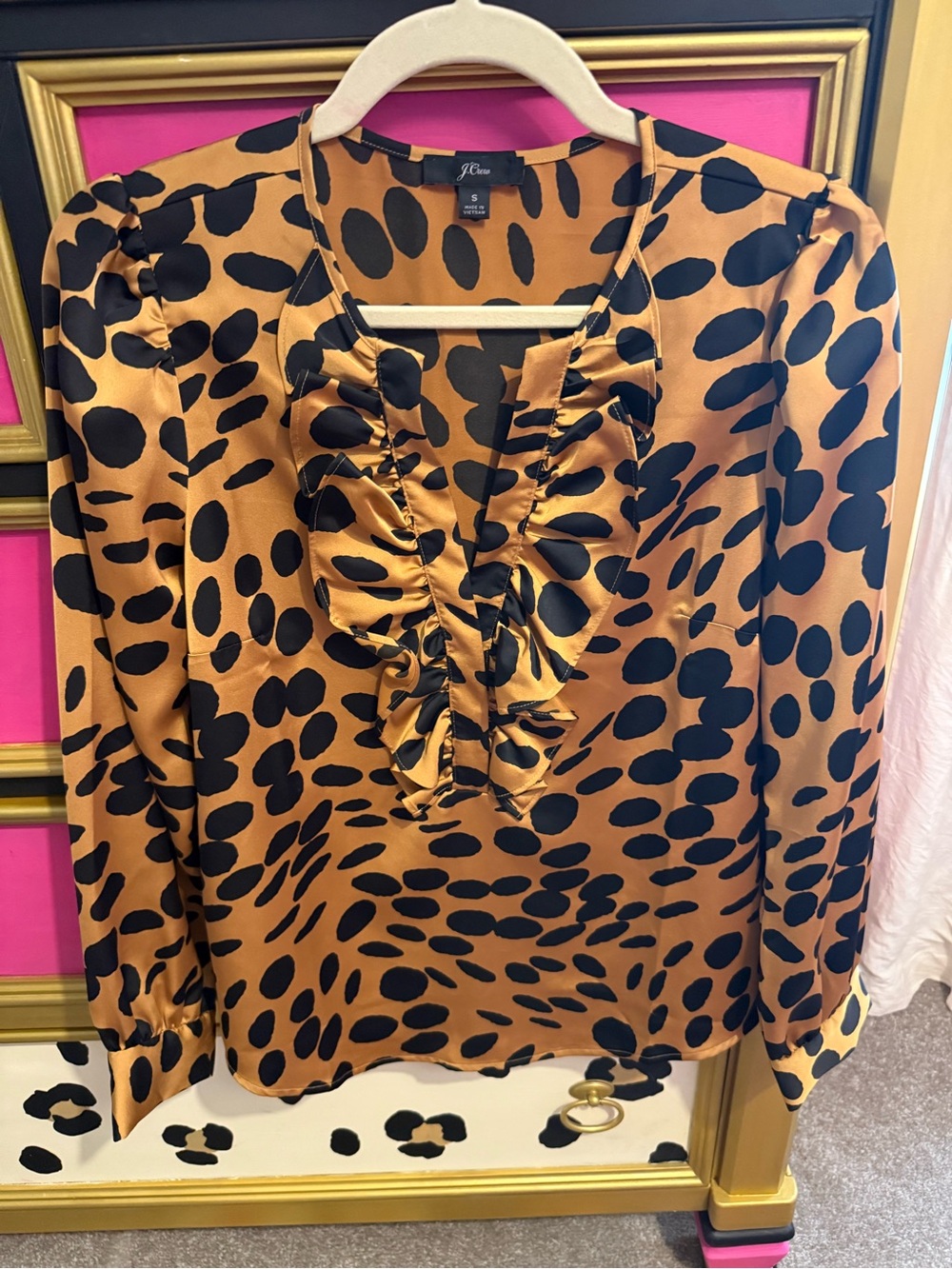 J. Crew Mustard Long-Sleeve Ruffle Blouse with Black Spot Print